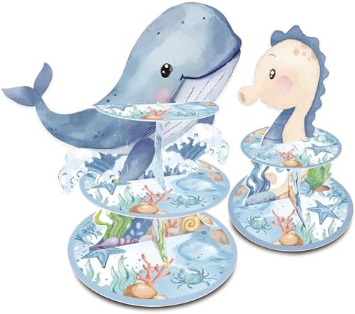 GRULLIN Under the Sea Party Decorations - 2PCS Ocean Animals Theme Cupcake Stands, Blue Whale Seahorse Dessert Holder for Birthday Baby Shower Supplies