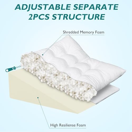 Bed Wedge Pillow for Sleep Apnea 10 Inch Gerd Pillow Patent Dual Layer Triangle Pillow Adjustable Shredded Memory Foam Topper Soft Support Ideal for Acid Reflux, After Surgery, Snoring