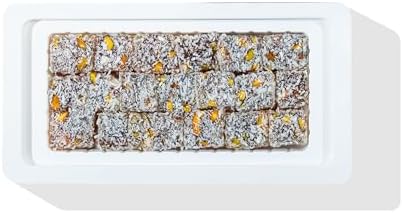 Meşhur Safranbolu Lokumcusu Turkish Delight Pomegranate Flavored with Pistachios: Gourmet Candy & -Snack Lovers, Turkish Delight Candy Gift Box, Covered in Coconut (5.6 oz)
