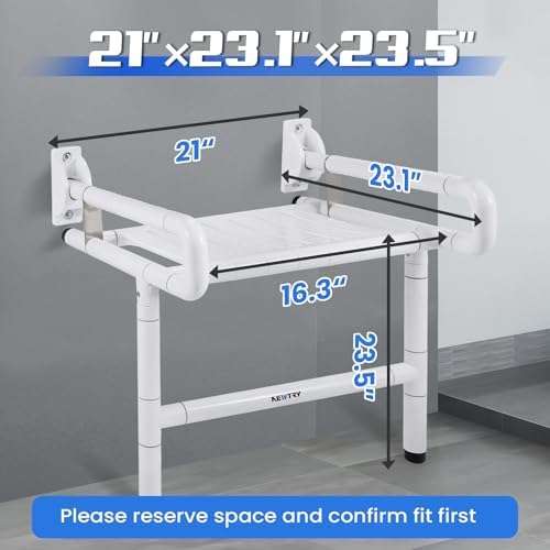 NEWTRY 21” Folding Shower Seat Wall Mounted(Fixed Height), 660lb Fold Down Shower Seat (Requires Drilling), Foldable Shower Chair for Home Care, for Bathroom Inside Shower