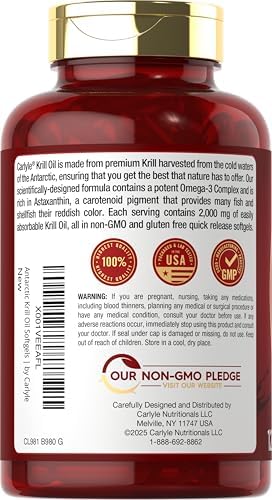 Carlyle Antarctic Krill Oil 2000mg | 120 Softgels | Omega-3 EPA, DHA, with Astaxanthin Supplement Sourced from Red Krill | Maximum Strength | Laboratory Tested