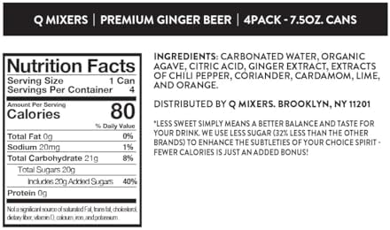 Q GINGER BEER with Real Ginger & Organic Agave - Ideal for Cocktails & Mocktails - Made with Real Ingredients, Perfectly Carbonated & Less Sweet - 80 Calories per Can - 7.5 Fl Oz Cans (Pack of 24)