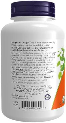 NOW Foods Supplements, Certified Organic, Spirulina Powder, Rich in Beta-Carotene (Vitamin A) and B-12 with naturally occurring GLA & Chlorophyll, 4-Ounce