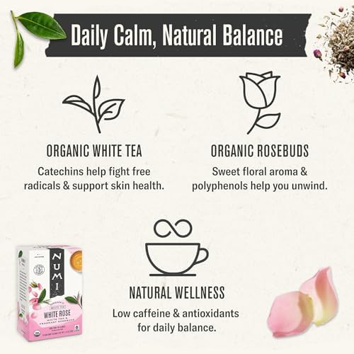Numi Organic White Rose Tea, 16 Tea Bags, White Tea & Fragrant Rosebuds, Low Caffeine