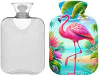 Pink Palm Flamingo Hot Water Bottle with Soft Cover Feet and Bed Warmer Hot Water Bag for Pain Relief, 1 Liters
