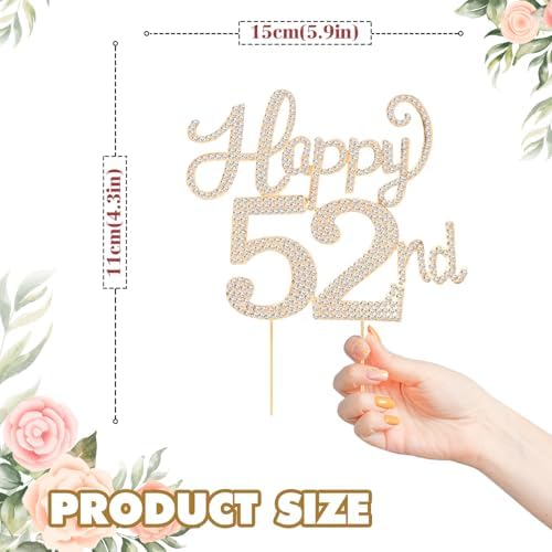 Happy 52nd Birthday Decorations,52nd Birthday Gold Rhinestone Cake Topper - Cheers to 52 Years Old Bday Party Metal Sparkly Cake Centerpieces Sign.
