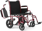 Medline Bariatric Transport Chair for Adults and Seniors, Supports up to 450 lbs, Extra-Wide 22" Seat, Transport Wheelchair has Swing-Away Desk Length Arms and Swing-Away Footrests, Red