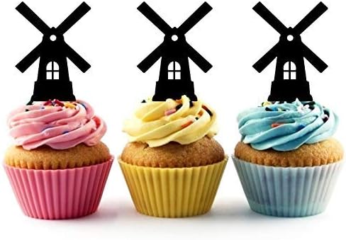 Dutch Windmill Holland Silhouette Acrylic Cupcake Toppers 12 pcs