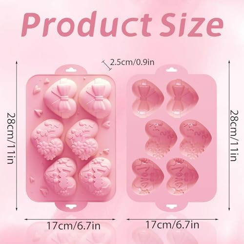2 Pack Silicone Heart Chocolate Candy Molds，3D Heart Shaped Silicone Fondant Non-Stick Baking Mold for Love Themed Treats, Cupcake, Chocolate, Candy, Ice Cube (Pink)