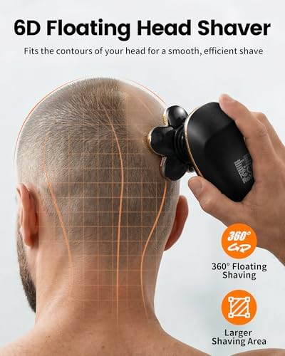 PRITECH Head Shavers for Bald Men, Type-C Charge Electric Razor with 6 Rotary Blades, Waterproof Shaving Grooming Kit, Turbo Speed & Precision Blades, LED Display & Detachable Blade Head(Black)