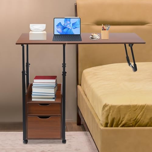 Rolling Overbed Table with Wheels,Height Adjustable Laptop Desk with Storage Drawers and Cabinet,Mobile Bed Desk Cart,for Home Bedroom