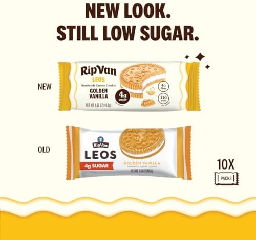 Rip Van LEOs - Golden Vanilla Sandwich Cookies - Low Sugar Snack Cookies - Low Carb Snack - Diabetic Snacks - 40 Low Sugar Cookies (10 Packs of 1.69oz)