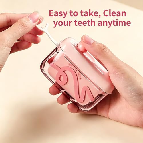 Automatic Pop-Up Portable Floss Dispenser with 10 Pcs Dental Floss for Tooth Care,Portable Refillable dental Floss Pick Storage Box. (Green and Pink)