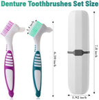 2Pcs Denture Cleaning Brush Kit False Teeth Toothbrushes with 1 White Carrying Case Travel Multi-Layered Soft Bristles Denture Cleaner Ergonomic Rubber Handle(Green and Purple)