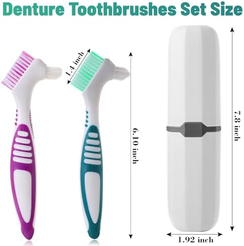 2Pcs Denture Cleaning Brush Kit False Teeth Toothbrushes with 1 White Carrying Case Travel Multi-Layered Soft Bristles Denture Cleaner Ergonomic Rubber Handle(Green and Purple)