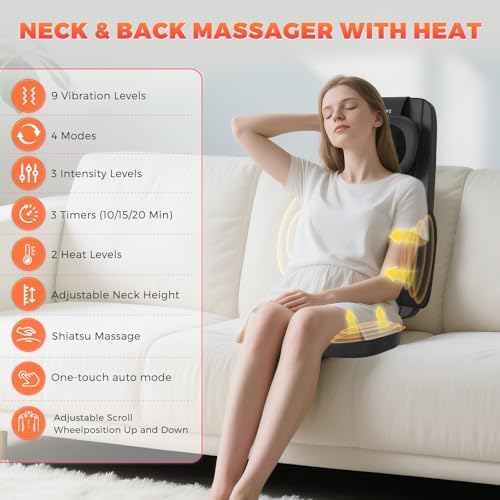 Back Massager for Pain Relief Deep Tissue with Heat, Shiatsu Neck and Back Massager, 8D Kneading Massage Chair Pad for Home Office, Gifts for Men Women