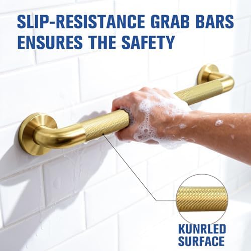 Shower Grab Bar for Bathroom, Anti-Slip Safety Grab Bar for Bathtub Toilet Staircase Stainless Steel Textured Grip Bath Handle Handrail for Elderly (Oil Bronze Gold, 16" L x 1-1/4" D)