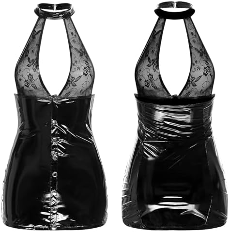 Women's Sexy Bodycon Lingerie, Halter V Neck Mesh Cup Teddy Mini Shiny Patent Leather Dress for Date, Club, Party