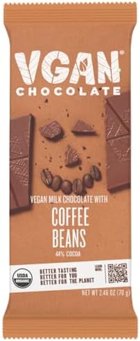 VGAN Vegan Chocolate Bars, Gluten Free Snacks, Plant Based, Soy and Dairy Free, Organic Ingredients, Cruelty Free, Kosher, and Non GMO, Milk Chocolate with Coffee Beans, 3 Pack