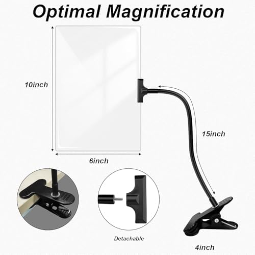 5X Magnifying Glass with Clip for Reading, 10x6 inch Large Full Page Magnifier with Clamp Adjustable Flexible Gooseneck, Clip on Magnifying Glass for Daily Hobbies, Painting, Crafts, Embroidery