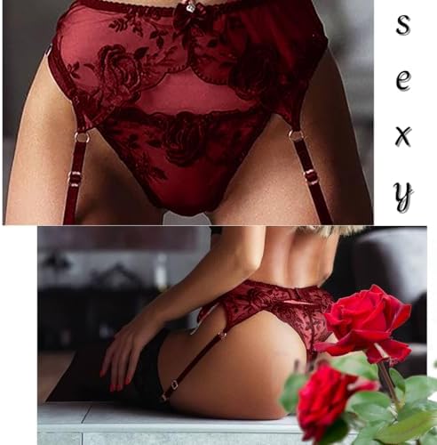 Lace Garter Belt Thong Set for Women Suspender Lingerie with 4 Metal Clips Holder Belts for Stockings+G-string