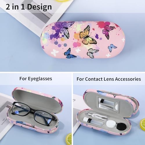 2 in 1 Contact Lens Case and Eyeglasses Case for Women Men Kids, Double Sided Hard Shell Portable Glasses Travel Holder with Built-in Mirror, Contact Lens Box (Pink Butterfly)