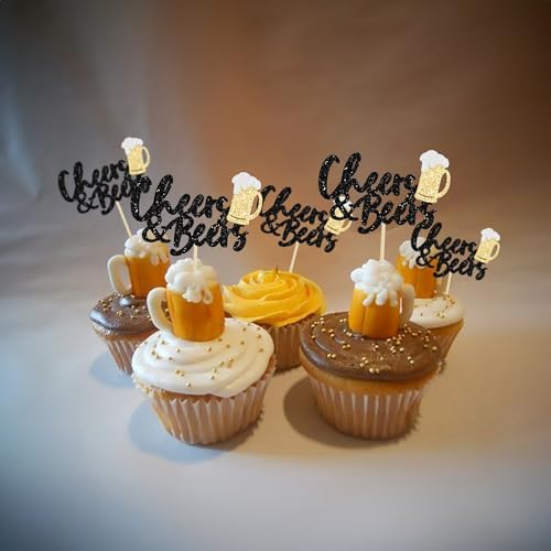 24 Pack Cheers and Beers Cupcake Toppers Glitter Beer Mug Cake Pick Decorations for Baby Shower Birthday Beers Festival Themed Party Supplies