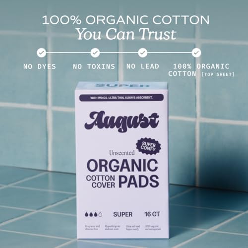 August Super Cotton Menstrual Pads, 72-Pack Ultra Thin Pads with Wings, Hypoallergenic Sanitary Napkins with Organic Cotton Topsheet, Compostable Wrappers, Toxin Free, Fragrance Free