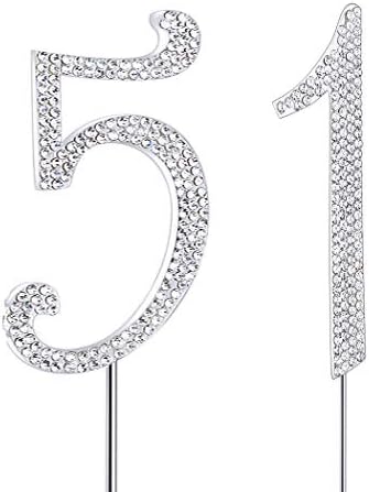 MAGJUCHE Silver 51" Crystal Cake Topper, Number 51 Rhinestones 51st Birthday Cake Topper, Men or Women Birthday or 51th Anniversary Party Decoration Supply