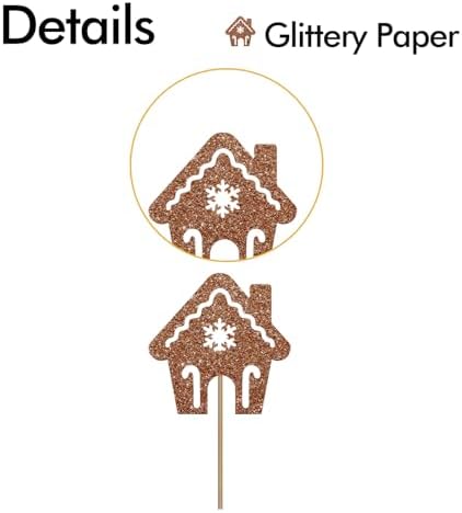 24PCS Christmas Cupcake Toppers, Gingerbread House Cupcake Toppers, Gingerbread Man Cupcake Picks for Christmas, Christmas Holiday/Winter Wonderland Party Decoration - Brown Glitter