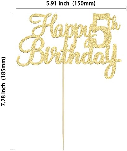 Gyufise 1Pc Happy 5th Birthday Cake Topper Glitter 5th Birthday Cake Pick Cheers to 5 Years Old Five Fabulous Cake Decorations for 5th Birthday Theme Party Supplies Gold