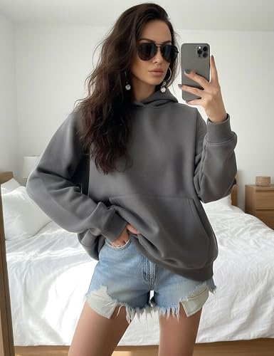 Lauweion Women Solid Basic Fleece Letter Loose Hoodie Sweatshirt Long Sleeve Kangaroo Pocket Drop Shoulder Pullovers Top