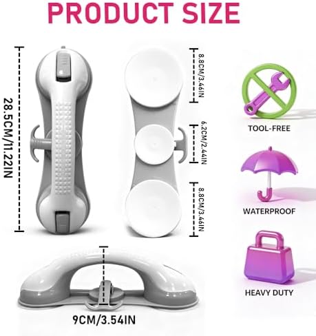 Grab Bars for Shower,Shower Handle with 3 Heavy Duty Suction Cups, Removable Bathtub Handrails for Elderly, No Drilling Waterproof Bathroom Safety Grip