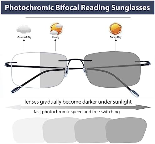K.LAVER Photochromic Bifocal Reading Glasses Blue Light Blocking Readers For Men And Women Transition Rimless Sunglasses