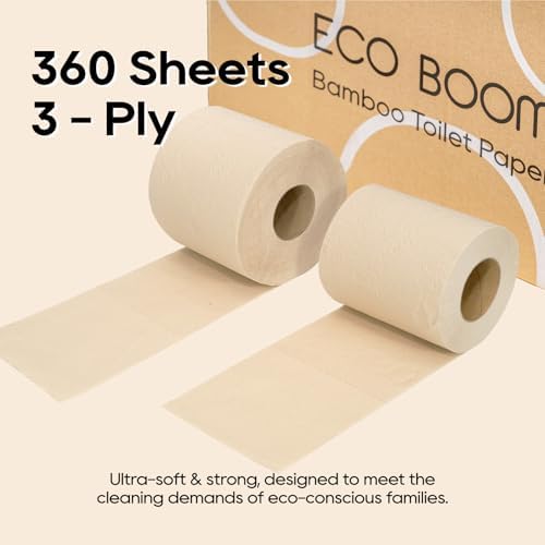 ECO BOOM Unbleached Bamboo Toilet Paper, 100% Tree-Free & Plastic-Free, 3-Ply Strong, FSC Certified, Unscented, 9 Rolls, 360 Sheets | PFAS Free, BPA Free & Septic Safe