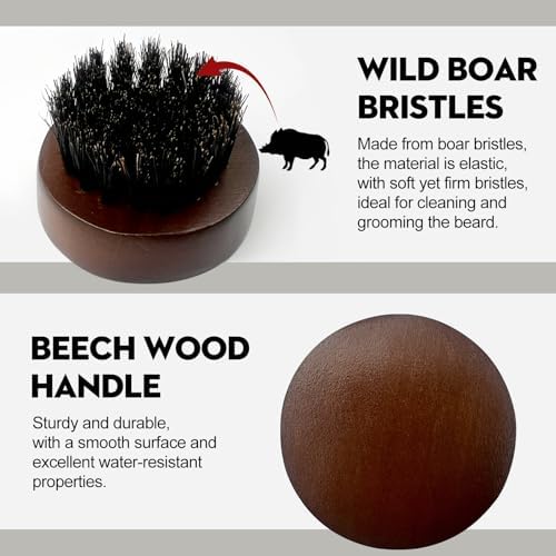 Men's Beard Brush, Small Round Wooden Handle, Sophisticated Boar Bristles