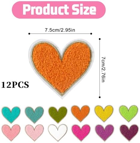 12pcs Heart Shaped Iron on Patches,2.95 x 2.76inch Colorful Embroidered Iron on Patch,Chenille Patches for Clothing,Heart Shape Sew on Patch for Clothes Jackets Jeans Hats Bags