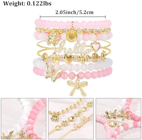 Pink Beaded Bracelet for Women 7Pcs Stackable Opal Stone Stretch Bracelets Sweet Multilayered Gold Charm Bracelets Set Love Heart Flower Clover CZ Butterfly Bow Hello Charm Jewelry Gift for Women