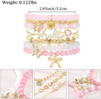 Pink Beaded Bracelet for Women 7Pcs Stackable Opal Stone Stretch Bracelets Sweet Multilayered Gold Charm Bracelets Set Love Heart Flower Clover CZ Butterfly Bow Hello Charm Jewelry Gift for Women