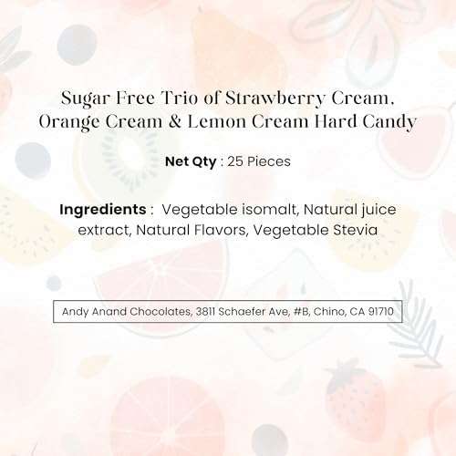 ANDY ANAND CHOCOLATIER Sugar Free Hard Candy Assortment – Strawberry, Lemon & Orange Cream Hard Candy, (25 Pcs,Pack of 1) Individually Wrapped, European Crafted Treat