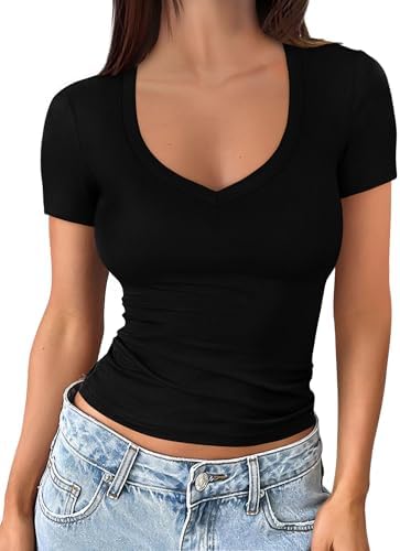 Sampeel Short Sleeve Shirts for Women V Neck Summer Ribbed Tshirts 2026 Slim Fit Spring Fashion Going Out Basic Tees