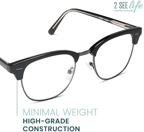 2SeeLife Premium Half Rim Reading Glasses Women & Men - Fits all Face Shapes, Metal & Sturdy Readers, Spring Hinges