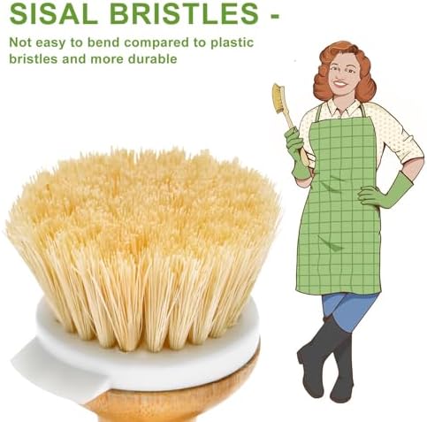 SUBEKYU Bamboo Dish Brush, Kitchen Dish Scrubber Brush, Natural Wooden Dishwashing Brush for Cleaning Dishes/Pans/Pots, Built-in Scraper, Sisal Bristles,1 Set