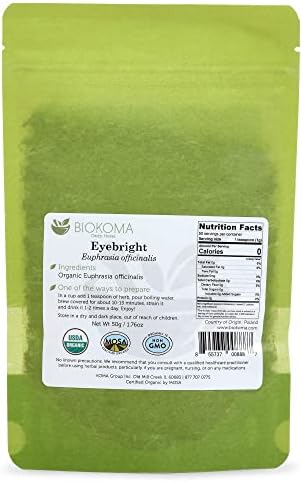 Biokoma Organic Eyebright Dried Herb 1.76oz Euphrasia Officinalis Loose Herbal Tea USDA Organic Herbal Tea - Resealable Moisture Proof Pouch, No Additives, No Preservatives, Non GMO, Kosher