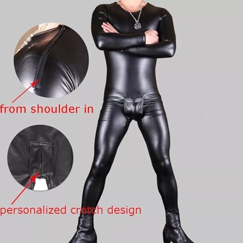 Men's Wetlook One Piece PU Leather Catsuit Shoulder with Zipper Bodysuit Long Sleeve Jumpsuit Clubwear