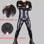 Men's Wetlook One Piece PU Leather Catsuit Shoulder with Zipper Bodysuit Long Sleeve Jumpsuit Clubwear