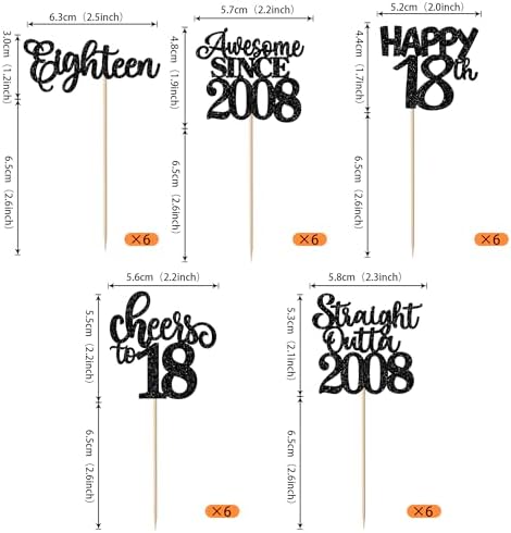 30 Pack Happy 18th Birthday Cupcake Toppers Glitter eighteen Awesome Since Straight Outta 2008 Cupcake Picks Cheers to 18 Years Cake Decorations for 18th Birthday Anniversary Party Supplies Black