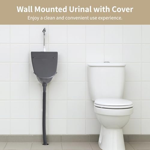 Wall Mounted Urinal with Cover, Plastic Small Urinal with Complete Flush Valve Kit, Commercial Urine Diverter, Outside Toilet with Lid for Bathrooms, Apartments, Garages, RVs