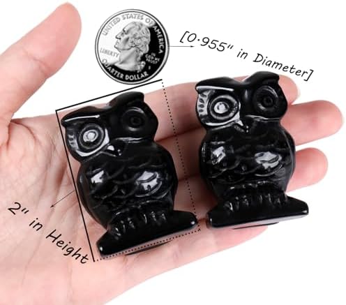 QINJIEJIE 2" Black Obsidian Owl Decor Crystals Stone Figurines Gemstone Statue Sculpture Decorations Office Desk Room Home Luck Spiritual Gift for Men Women