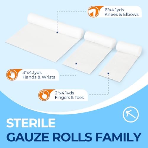 Sterile Gauze Rolls, 2" x 4.1 Yards, Conforming Stretch Gauze Bandage, Pack of 12, Firm Support for Dressings and Splints, Latex-Free First Aid Supplies Individually Wrapped with Bonus Tape